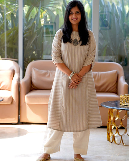 Ethno Chic Rolex Cotton Striped Light Beige Kurti