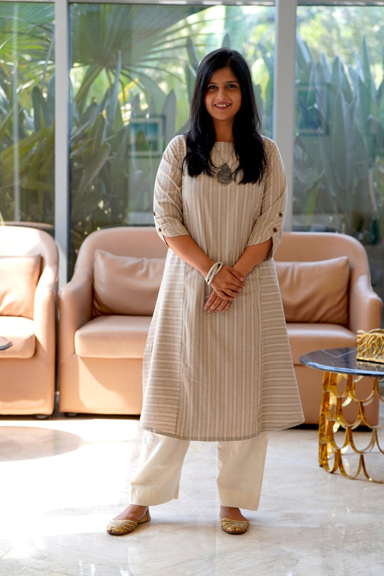 Ethno Chic Rolex Cotton Striped Light Beige Kurti