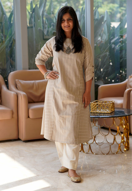 Ethno Chic Rolex Cotton Striped Light Beige Kurti