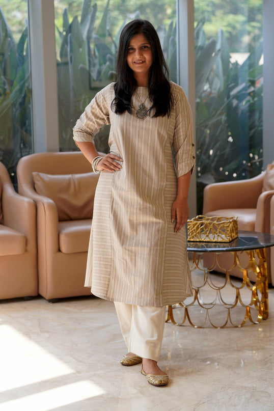 Ethno Chic Rolex Cotton Striped Light Beige Kurti