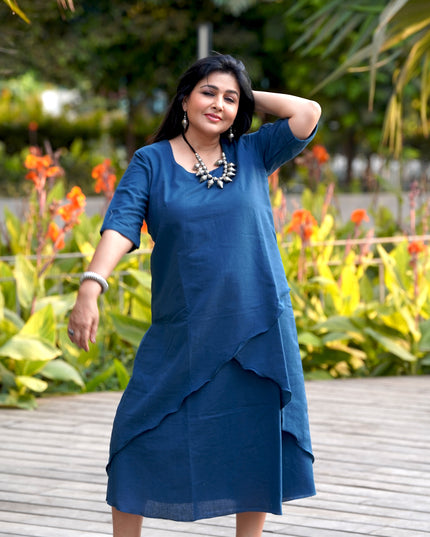 Mellow Maharani Overlap Cotton Navy Blue Midi Dress