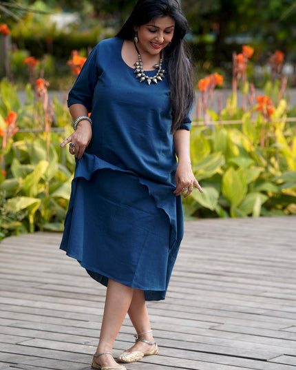Mellow Maharani Overlap Cotton Navy Blue Midi Dress