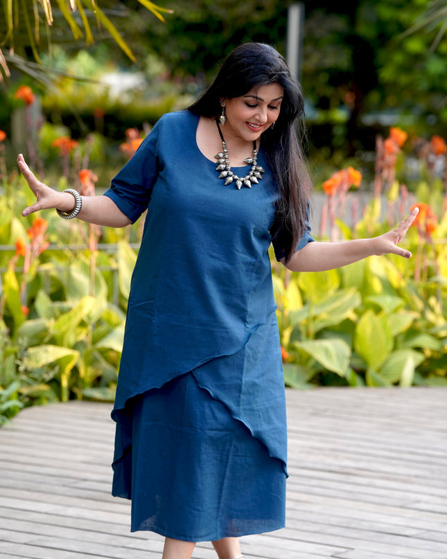 Mellow Maharani Overlap Cotton Navy Blue Midi Dress