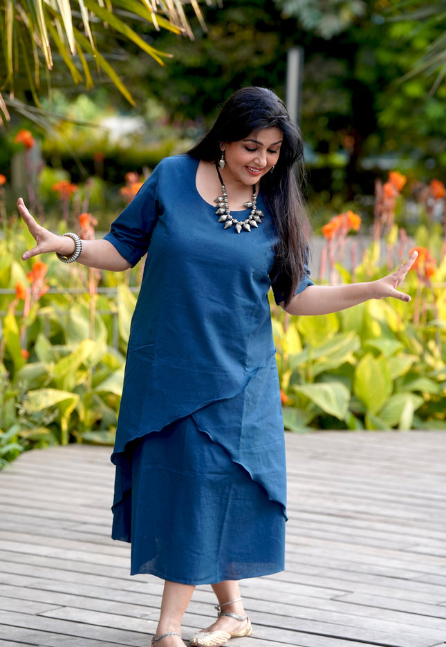 Mellow Maharani Overlap Cotton Navy Blue Midi Dress