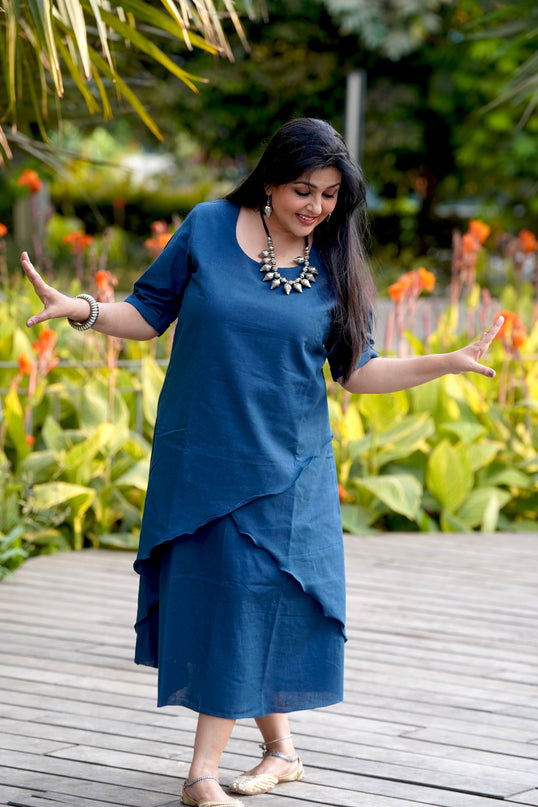 Mellow Maharani Overlap Cotton Navy Blue Midi Dress