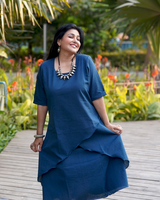 Mellow Maharani Overlap Cotton Navy Blue Midi Dress