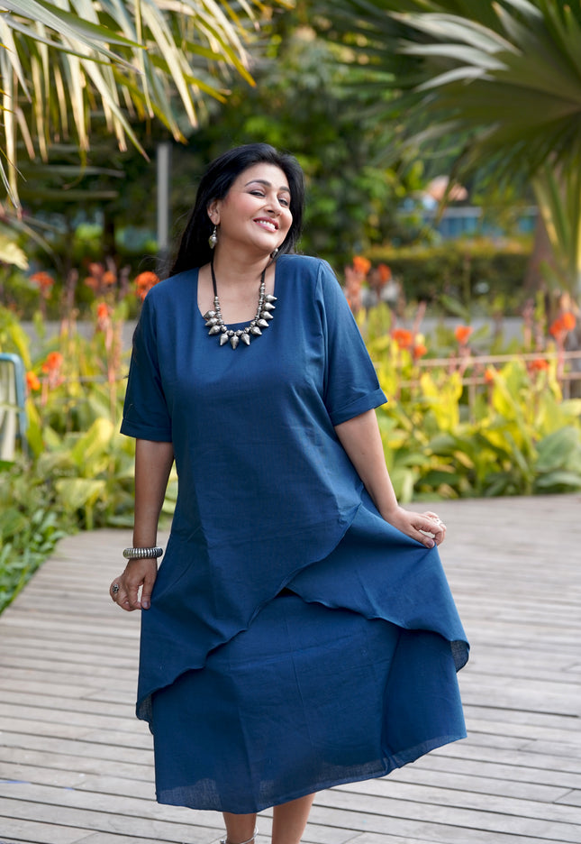 Mellow Maharani Overlap Cotton Navy Blue Midi Dress