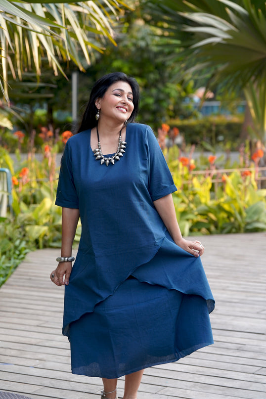 Mellow Maharani Overlap Cotton Navy Blue Midi Dress
