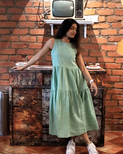 Heartbeat Boho Khadi Cotton Pista Green Midi Dress