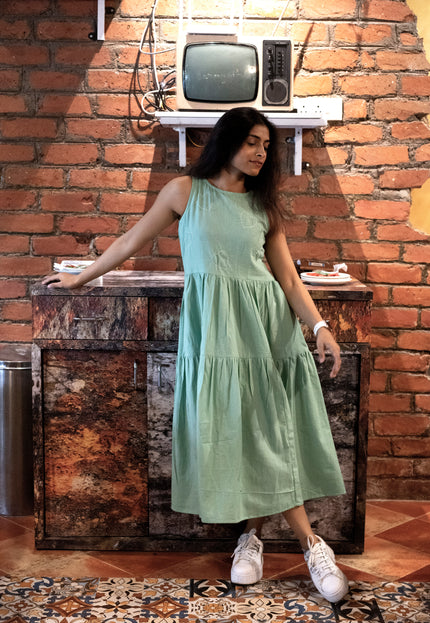 Heartbeat Boho Khadi Cotton Pista Green Midi Dress