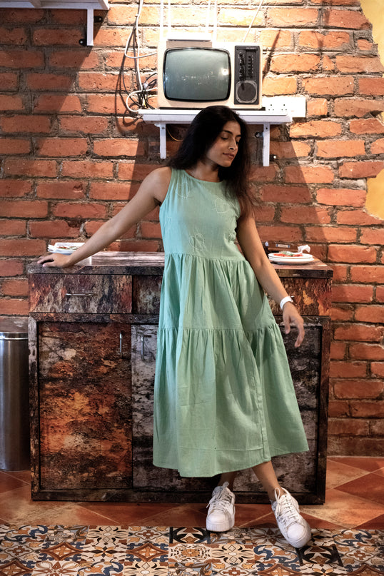 Heartbeat Boho Khadi Cotton Pista Green Midi Dress