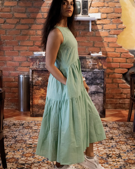 Heartbeat Boho Khadi Cotton Pista Green Midi Dress