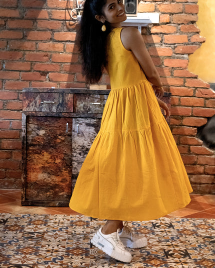 Heartbeat Boho Khadi Cotton Yellow Midi Dress