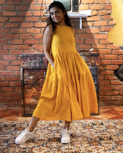 Heartbeat Boho Khadi Cotton Yellow Midi Dress