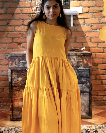 Heartbeat Boho Khadi Cotton Yellow Midi Dress