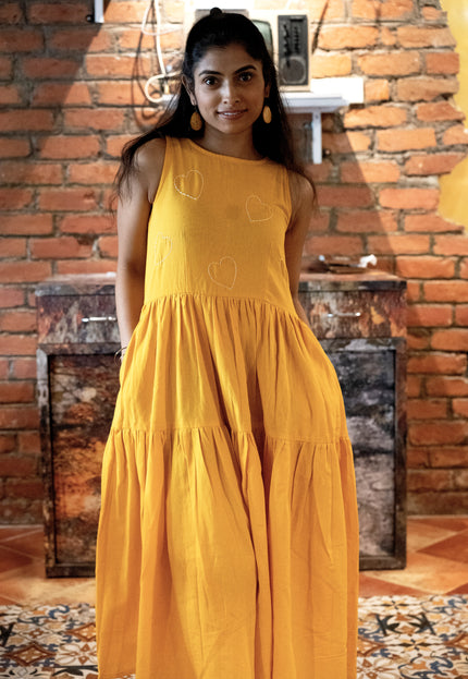 Heartbeat Boho Khadi Cotton Yellow Midi Dress