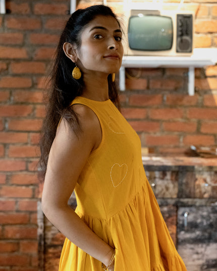 Heartbeat Boho Khadi Cotton Yellow Midi Dress