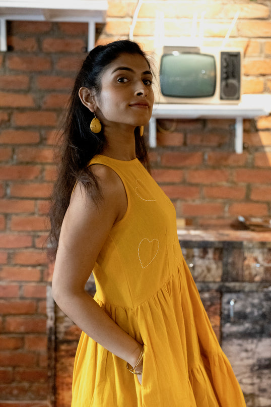 Heartbeat Boho Khadi Cotton Yellow Midi Dress
