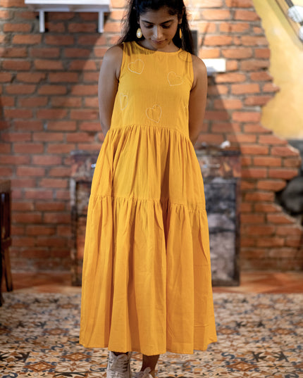 Heartbeat Boho Khadi Cotton Yellow Midi Dress