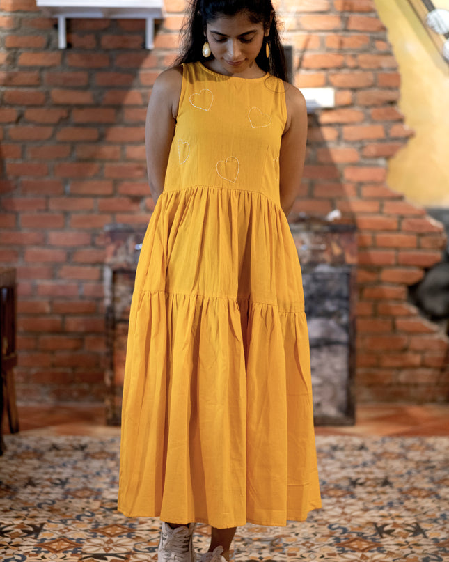 Heartbeat Boho Khadi Cotton Yellow Midi Dress