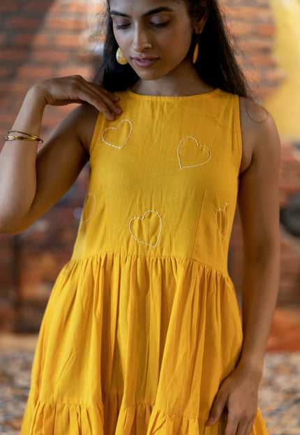 Heartbeat Boho Khadi Cotton Yellow Midi Dress