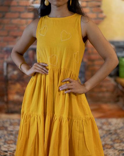 Heartbeat Boho Khadi Cotton Yellow Midi Dress
