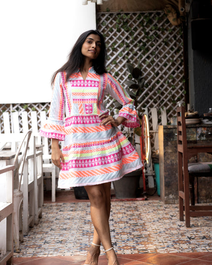 Quirky Tales Long Sleeve Ruffle Trim White-Pink Dress