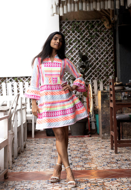 Quirky Tales Long Sleeve Ruffle Trim White-Pink Dress
