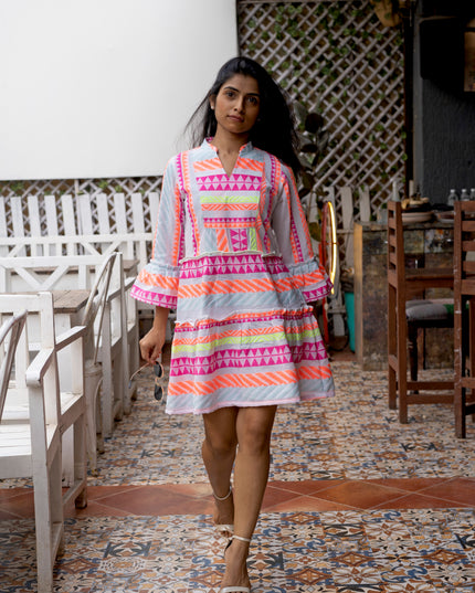 Quirky Tales Long Sleeve Ruffle Trim White-Pink Dress