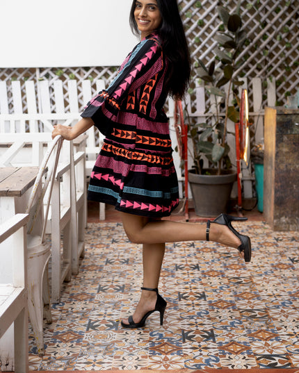 Quirky Tales Long Sleeve Ruffle Trim Black Pink Dress