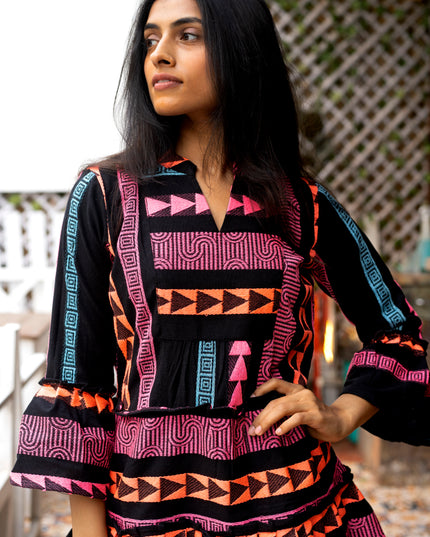 Quirky Tales Long Sleeve Ruffle Trim Black Pink Dress