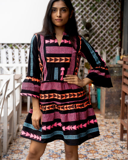 Quirky Tales Long Sleeve Ruffle Trim Black Pink Dress