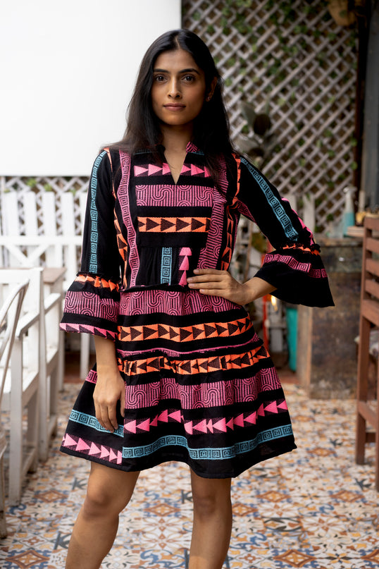 Quirky Tales Long Sleeve Ruffle Trim Black Pink Dress