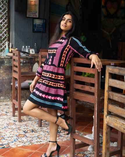 Quirky Tales Long Sleeve Ruffle Trim Black Pink Dress