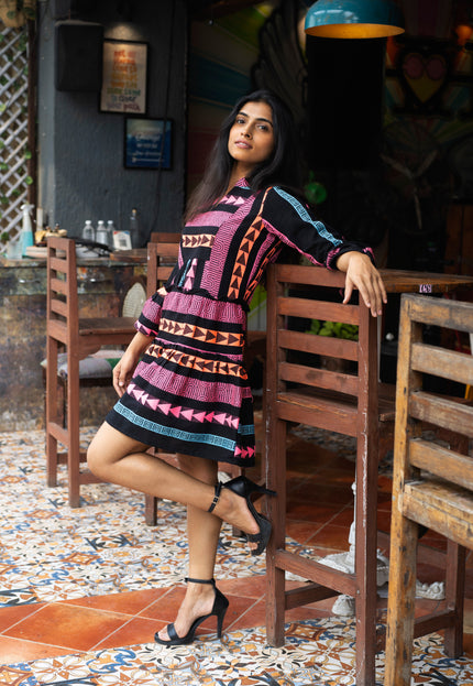 Quirky Tales Long Sleeve Ruffle Trim Black Pink Dress
