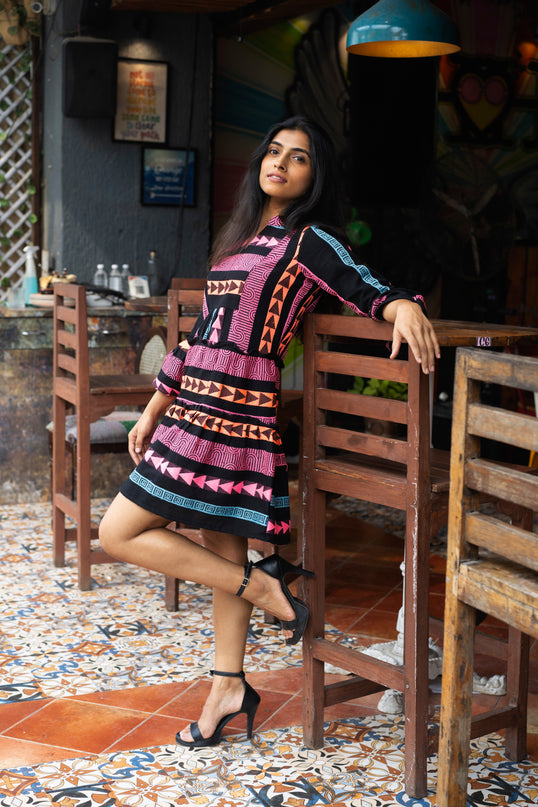 Quirky Tales Long Sleeve Ruffle Trim Black Pink Dress