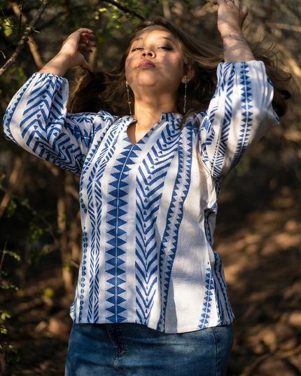 Aztec Chevron Indigo-White Cotton Top