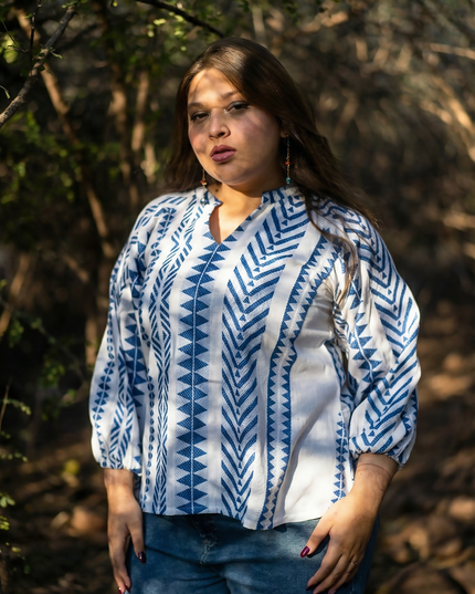 Aztec Chevron Indigo-White Cotton Top