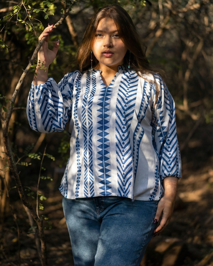 Aztec Chevron Indigo-White Cotton Top