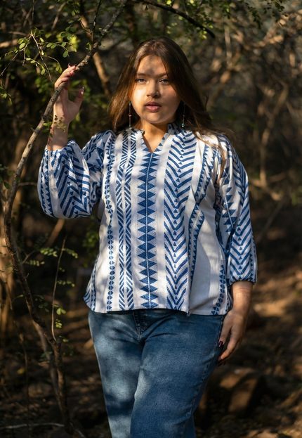 Aztec Chevron Indigo-White Cotton Top