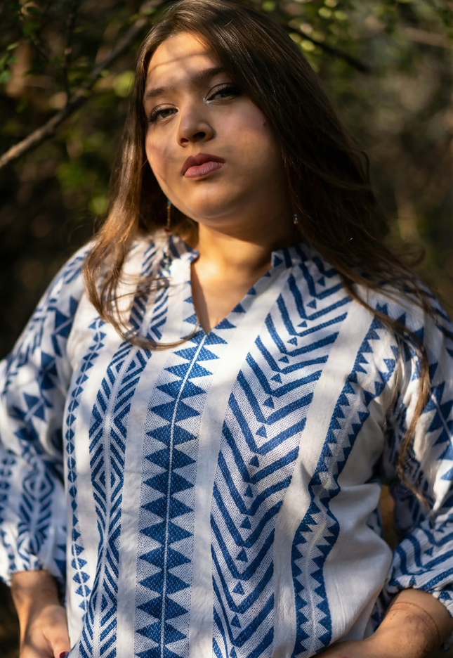 Aztec Chevron Indigo-White Cotton Top