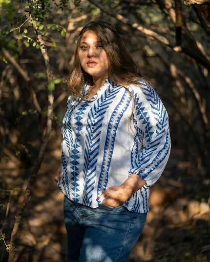 Aztec Chevron Indigo-White Cotton Top