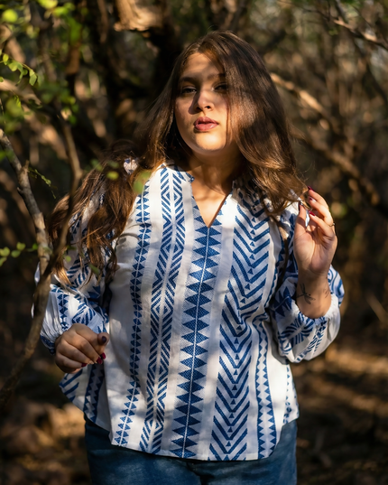 Aztec Chevron Indigo-White Cotton Top
