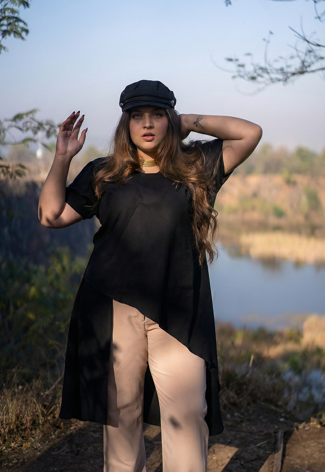 Urban Chic Solid Black Overlay Tunic Top