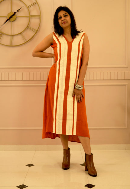 Indie Sway Sleeveless Up-Down Khadi Cotton Orange Dress