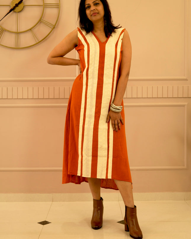 Indie Sway Sleeveless Up-Down Khadi Cotton Orange Dress