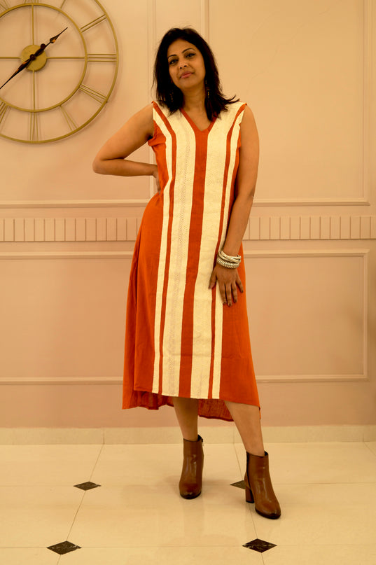 Indie Sway Sleeveless Up-Down Khadi Cotton Orange Dress