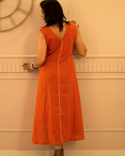 Indie Sway Sleeveless Up-Down Khadi Cotton Orange Dress