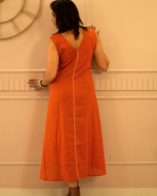 Indie Sway Sleeveless Up-Down Khadi Cotton Orange Dress