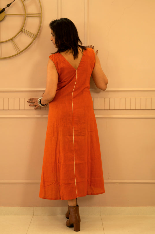 Indie Sway Sleeveless Up-Down Khadi Cotton Orange Dress